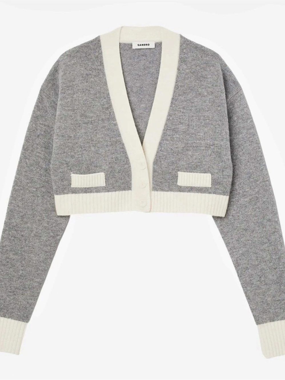 Sandro Cropped V-Neck Cardigan in Gray & Cream Size XS Like New
